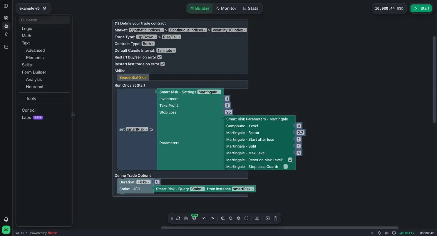 BinaryTools bot builder: a toolbox of blocks on the left and a strategy built from connected blocks