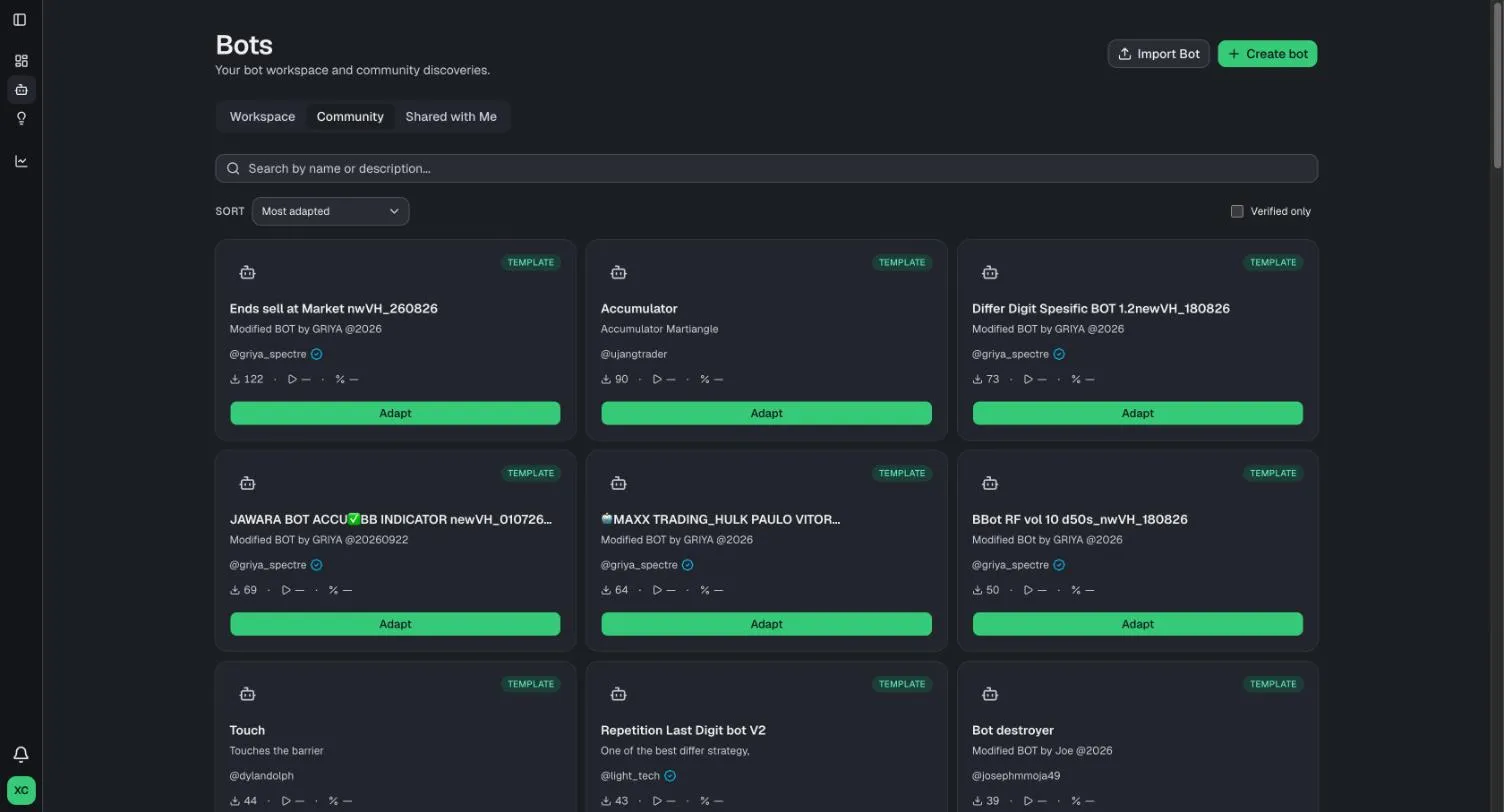 Community bots in BinaryTools, each with an Adapt button